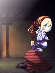 Rule 34 | 1girl, arms behind back, bdsm, blouse, blue eyes, bondage, bound, box tie, breast bondage, breasts, character request, cloth gag, female focus, full body, gag, gagged, glasses, hachikumo, improvised gag, over the mouth gag, ponytail, red hair, rope, shirt, skirt, solo