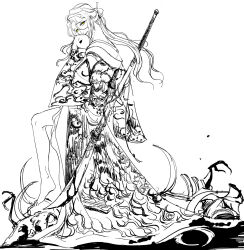Rule 34 | 1boy, androgynous, arm behind back, bare legs, barefoot, blood, blood splatter, bloody weapon, bungou to alchemist, from side, full body, greyscale, hair between eyes, hair ornament, hair stick, hand to own mouth, holding, holding polearm, holding weapon, ichimoku (tansio5), japanese clothes, kimono, long hair, long sleeves, looking at viewer, looking to the side, male focus, monochrome, naginata, parted lips, patterned clothing, polearm, ponytail, sidelocks, skeleton, smile, solo, standing, tanizaki junichirou (bungou to alchemist), weapon, white background, wide sleeves