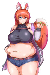 Rule 34 | 1girl, animal ears, bare shoulders, belly, belly grab, blue eyes, breasts, eating, fat, food, highres, jacket, jacket on shoulders, large breasts, looking at viewer, mahira (pixiv174324), orange hair, original, pizza, plump, short shorts, shorts, smile, solo, standing, strapless, tail, thick thighs, thighs, tongue, tongue out, tube top