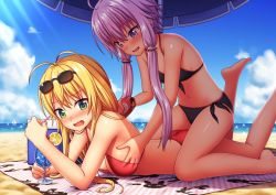 Rule 34 | 2girls, antenna hair, ass, barefoot, beach, beach towel, beach umbrella, bikini, black bikini, blonde hair, blue sky, blush, breasts, cleavage, cloud, cocktail glass, commentary request, cup, day, drinking glass, drinking straw, eyewear on head, front-tie top, glass, grabbing, grabbing another&#039;s breast, green eyes, groping, hair ornament, hand under clothes, holding, long hair, lotion, lotion bottle, low twintails, lying, medium breasts, multiple girls, navel, nazu-na, ocean, on stomach, open mouth, outdoors, purple eyes, purple hair, red bikini, sand, short hair with long locks, side-tie bikini bottom, sitting, sitting on person, sky, small breasts, smile, sunglasses, sunscreen, swimsuit, towel, tsurumaki maki, twintails, umbrella, vocaloid, voiceroid, water, yuri, yuzuki yukari