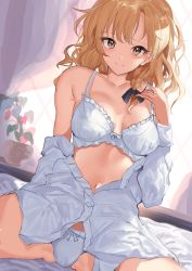Rule 34 | 1girl, blonde hair, blush, bow, bow bra, bow panties, bra, braid, breasts, buttons, collarbone, hand on own chest, highres, kirisame marisa, kozomezuki, long hair, looking at viewer, medium breasts, navel, no headwear, no pants, on bed, open clothes, open mouth, open shirt, panties, shirt, single braid, sitting, smile, solo, stomach, thighs, touhou, underwear, wariza, wavy hair, white panties, white shirt, yellow eyes