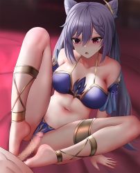 Rule 34 | 1boy, 1girl, anklet, bare shoulders, barefoot, blush, braid, breasts, censored, cone hair bun, detached sleeves, double bun, feet, footjob, genshin impact, ginhaha, hair bun, hair ornament, hetero, highres, jewelry, keqing (genshin impact), long hair, medium breasts, mosaic censoring, open mouth, penis, purple eyes, purple hair, sitting, solo focus, thighlet, twintails, two-footed footjob, underwear