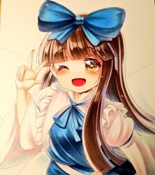 Rule 34 | 1girl, ;d, blue bow, blue dress, blue ribbon, blunt bangs, blush, bow, breasts, brown eyes, brown hair, commentary request, dress, fairy wings, fingernails, frilled shirt collar, frills, hair bow, hand up, happy, juliet sleeves, long hair, long sleeves, looking at viewer, nemonadi, one eye closed, open mouth, puffy sleeves, ribbon, simple background, small breasts, smile, solo, star sapphire, touhou, traditional media, upper body, very long hair, w, white background, wide sleeves, wings