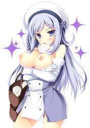 Rule 34 | 10s, 1girl, aila jyrkiainen, bag, baozi, blush, breasts, breasts out, crossed arms, elbow gloves, food, gloves, gundam, gundam build fighters, hat, large breasts, long hair, mouth hold, nipples, no bra, no legwear, purple eyes, silver hair, solo, sparkle, tateha (marvelous grace), white gloves