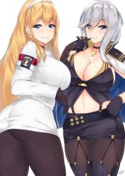 Rule 34 | 2girls, armband, ass, azur lane, belt, black choker, black gloves, black legwear, black skirt, black vest, blonde hair, blue cape, blue eyes, boots, breasts, cape, choker, cleavage, closed mouth, clothes writing, commentary request, cross, cross necklace, eyes visible through hair, finger to mouth, garter straps, gloves, grey hair, hairband, highres, jewelry, kuavera, large breasts, lipstick, long hair, long sleeves, makeup, miniskirt, mole, mole on breast, multiple girls, navel, necklace, north carolina (azur lane), pantyhose, partial commentary, pencil skirt, pink lips, signature, simple background, skirt, smile, stomach, straight hair, thigh boots, thigh gap, thighhighs, very long hair, vest, washington (azur lane), white background, white hairband, white skirt