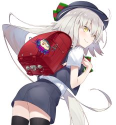 Rule 34 | ahoge, backpack, bag, black thighhighs, blue hat, blue skirt, blue vest, blush, bow, closed mouth, commentary request, crime prevention buzzer, fate/grand order, fate (series), gilles de rais (caster) (fate), green bow, hair between eyes, hat, hat bow, hayashi kewi, jeanne d&#039;arc (fate), jeanne d&#039;arc alter santa lily (fate), long hair, looking at viewer, looking back, randoseru, shirt, short sleeves, silver hair, skirt, smile, solo, striped, striped bow, thighhighs, very long hair, vest, white shirt, yellow eyes