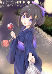 Rule 34 | 1girl, black hair, blush, bow, chm (macharge), female focus, food, hair bow, hair ornament, hairclip, japanese clothes, kimono, long sleeves, looking at viewer, obi, open mouth, original, purple bow, purple eyes, sash, smile, solo, sweets, traditional clothes, yukata