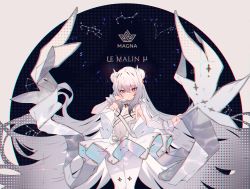 Rule 34 | + +, 1girl, absurdly long hair, armband, armpits, azur lane, text background, ballet dress, black background, blurry, blurry foreground, blush, bow, breasts, character name, clenched hand, commentary request, covered navel, crossed bangs, crown print, double bun, dress, dress bow, dress straps, eyebrows, french text, frilled armband, frilled dress, frills, grey nails, hair bun, hand on own face, highres, jewelry, latin text, le malin (azur lane), le malin (muse) (azur lane), legs together, leotard, long hair, looking at viewer, multicolored background, nail polish, pantyhose, parted bangs, parted lips, purple eyes, sidelocks, small breasts, solo, soukou makura, symbol-shaped pupils, tutu, very long hair, white armband, white background, white bow, white hair, white pantyhose, wing hair ornament