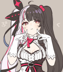 Rule 34 | 1girl, :i, black hair, blush, breasts, cleavage cutout, clothing cutout, gloves, grey background, hair ornament, hair ribbon, long hair, looking at viewer, medium breasts, multicolored hair, nijisanji, red eyes, red hair, ribbon, shigure ui, silver hair, simple background, solo, split-color hair, streaked hair, twintails, two-tone hair, unfinished, upper body, very long hair, virtual youtuber, white gloves, yorumi rena, yorumi rena (1st costume)