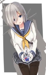 Rule 34 | 10s, 1girl, absurdres, belt, black pantyhose, blue eyes, breasts, buttons, can, cowboy shot, gloves, grey hair, hair ornament, hair over one eye, hairclip, hamakaze (kancolle), head tilt, highres, holding, holding can, kantai collection, long sleeves, looking at viewer, machinery, medium breasts, neckerchief, open mouth, pantyhose, pleated skirt, school uniform, serafuku, skirt, solo, two-tone background, white gloves, yellow neckerchief, yuki (yukin0128)