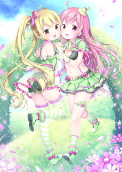 Rule 34 | 2girls, ahoge, antenna hair, bare shoulders, blonde hair, blush, boots, breasts, brown eyes, chiyingzai, cleavage, detached sleeves, flower, hair ornament, hat, highres, holding hands, interlocked fingers, leaf, leaf hair ornament, long hair, looking at viewer, md5 mismatch, midriff, mini hat, mini top hat, multiple girls, navel, open mouth, original, petals, pink eyes, pink hair, smile, striped clothes, striped legwear, striped thighhighs, thighhighs, top hat, twintails