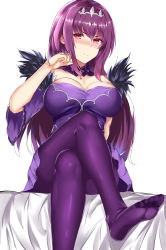 Rule 34 | 1girl, absurdres, blush, breasts, circlet, crossed legs, fate/grand order, fate (series), feet, highres, large breasts, long hair, looking at viewer, pantyhose, pink eyes, purple hair, purple pantyhose, scathach (fate), scathach skadi (fate), sitting, soles, toes