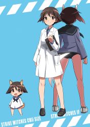 Rule 34 | 3girls, absurdres, animal ears, back-to-back, black legwear, black neckerchief, black sailor collar, blue background, brown eyes, brown hair, chibi, clipboard, dog ears, dog tail, dress, dual persona, highres, lab coat, looking at viewer, miyafuji yoshika, multiple girls, neckerchief, sailor collar, sailor shirt, school swimsuit, shirt, short hair, strike witches, swimsuit, swimsuit under clothes, tail, tricky 46, world witches series