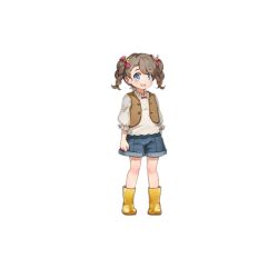 Rule 34 | 1girl, :d, artist request, blue eyes, blue shorts, boots, braid, brown hair, brown vest, buttons, child, denim, denim shorts, full body, girls&#039; frontline, hair ribbon, light blush, long sleeves, looking at viewer, no socks, official art, open clothes, open mouth, open vest, pink ribbon, ribbon, rubber boots, shelley (girls&#039; frontline), shirt, shorts, simple background, smile, solo, transparent background, twin braids, vest, white shirt, yellow footwear