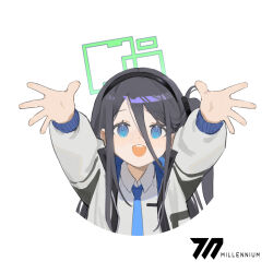 Rule 34 | 1girl, aris (blue archive), black hair, black hairband, blue archive, blue eyes, blue necktie, elena zao, hair between eyes, hairband, halo, highres, jacket, long bangs, long hair, long sleeves, looking at viewer, necktie, one side up, open clothes, open jacket, open mouth, outstretched arms, outstretched hand, puffy long sleeves, puffy sleeves, shirt, sidelocks, simple background, solo, teeth, upper body, upper teeth only, white background, white shirt