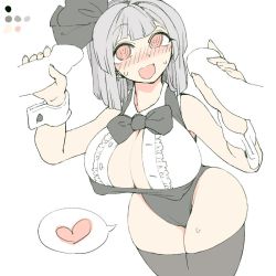 Rule 34 | 1girl, 2boys, alternate breast size, alternate costume, black legwear, blunt bangs, blush, bow, breasts, cleavage, cowboy shot, curvy, grey hair, group sex, hairband, handjob, heart, hip focus, konpaku youmu, large breasts, leotard, limited palette, looking up, mmf threesome, multiple boys, multiple penises, nose blush, open mouth, pale color, partially colored, penis, pink eyes, short hair, skindentation, smile, spoken heart, sweatdrop, thick thighs, thighs, threesome, toriga naku, touhou, white background, wide hips, wrist cuffs