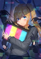 Rule 34 | 1girl, black gloves, blonde hair, blue eyes, blue sailor collar, blue skirt, blush, commentary request, dark, echo (vocaloid), extra arms, fingernails, glitch, gloves, grey sweater, hair between eyes, head tilt, highres, index finger raised, long hair, long sleeves, looking at viewer, mikomiko (mikomikosu), mirai akari, mirai akari project, hugging object, parted lips, pleated skirt, sailor collar, side ponytail, sidelocks, skirt, smile, solo, sweater, television, virtual youtuber, vocaloid