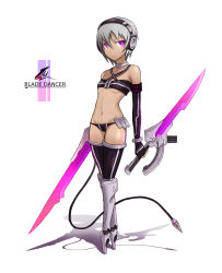 Rule 34 | 1girl, blade dancer (gia), dual wielding, female focus, flat chest, gia, gloves, grey hair, headphones, highres, holding, mecha musume, midriff, navel, original, purple eyes, revealing clothes, short hair, solo, sword, thighhighs, weapon