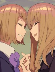 Rule 34 | 2girls, :d, absurdres, blunt bangs, bow, brown hair, closed eyes, eyelashes, forehead-to-forehead, grey background, gridman universe, grin, heads together, highres, long hair, medium hair, minami kano, minami yume, multiple girls, open mouth, reibun (raven1119), school uniform, siblings, sisters, smile, spoilers, ssss.dynazenon, time paradox