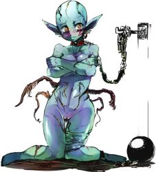 Rule 34 | 1girl, bald, bald girl, ball and chain restraint, blue skin, blush, buredoran, chain, collar, colored skin, crossed arms, earrings, jewelry, monster girl, multicolored eyes, nude, pointy ears, pussy, scar, solo, tears