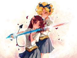 Rule 34 | 2girls, blonde hair, bow, brown hair, demon tail, female focus, hair bow, horns, juni (sometimes), looking at viewer, multiple girls, nashi juni, pleated skirt, pointy ears, red eyes, short hair, skirt, sometimes she&#039;s the light, sword, tail, weapon, yellow eyes