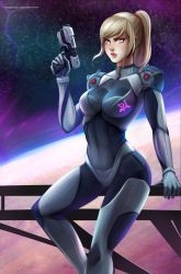 Rule 34 | 1girl, absurdres, alternate costume, aqua eyes, arm support, armor, artist name, blonde hair, bodysuit, breasts, emblem, finger on trigger, gloves, glowing, gun, hair tie, handgun, high ponytail, highres, holding, holding gun, holding weapon, impossible bodysuit, impossible clothes, large breasts, lightning bolt symbol, lips, long hair, looking at viewer, metroid, mole, mole under mouth, neon trim, nintendo, parted lips, pauldrons, pistol, planet, ponytail, ragecndy, railing, realistic, samus aran, shoulder armor, sidelocks, sitting, sky, solo, space, star (sky), starry sky, swept bangs, turtleneck, weapon, zero suit