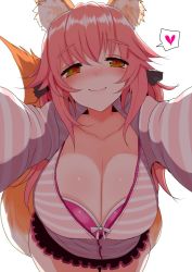 Rule 34 | 1girl, animal ear fluff, animal ears, blush, bra, bra peek, breasts, casual, cleavage, collarbone, fate (series), fox ears, half-closed eyes, han (jackpot), heart, hood, hoodie, large breasts, leaning forward, long sleeves, official alternate costume, open clothes, outstretched arms, pink bra, skirt, smile, solo, tamamo (fate), tamamo no mae (fate/extra), tamamo no mae (spring casual) (fate), thought bubble, underwear, yellow eyes