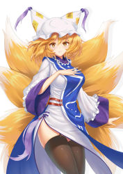 Rule 34 | 1girl, absurdres, animal hat, black thighhighs, blonde hair, breasts, fox tail, garter straps, hat, highres, large breasts, looking at viewer, medium hair, mob cap, ofuda, mob cap, simple background, smile, solo, standing, tabard, tail, thighhighs, touhou, white background, wide sleeves, yakumo ran, yellow eyes, youl