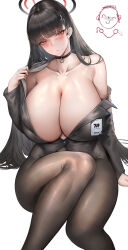 Rule 34 | 1girl, absurdres, ahoge, black choker, black hair, blue archive, blush, breasts, choker, cleavage, closed mouth, commentary request, curvy, doodle sensei (blue archive), hair ornament, halo, highres, huge breasts, id card, jacket, long hair, long sleeves, looking at viewer, no bra, off shoulder, open clothes, pantyhose, red eyes, rio (blue archive), sensei (blue archive), simple background, sitting, thick thighs, thighs, undressing, white background, wide hips, xiaojing shenyuan