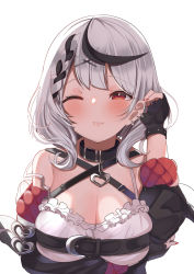 Rule 34 | 1girl, absurdres, belt bra, black collar, braid, breast hold, breasts, cleavage, collar, ear piercing, elroud0050, fingerless gloves, gloves, grey hair, highres, hololive, incoming kiss, large breasts, nail polish, one eye closed, piercing, puckered lips, red nails, sakamata chloe, virtual youtuber, white background