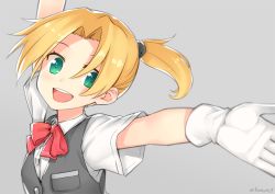 Rule 34 | 10s, 1girl, :d, arm up, blonde hair, gloves, green eyes, grey background, kamoto tatsuya, kantai collection, looking at viewer, maikaze (kancolle), open mouth, outstretched arms, short hair, short ponytail, smile, solo, spread arms, twitter username, upper body, white gloves