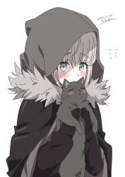 Rule 34 | 1girl, absurdres, animal, black gloves, black jacket, blush, cape, cat, chili-tomato (gekikaraya), commentary request, covering own mouth, dated, embarrassed, fate (series), flying sweatdrops, fur trim, gloves, gray (fate), green eyes, grey hair, hair between eyes, highres, holding, holding animal, holding cat, hood, hood up, jacket, long sleeves, looking at viewer, lord el-melloi ii case files, short hair, simple background, solo, upper body, white background