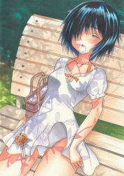 Rule 34 | :o, bag, bench, black hair, blush, breasts, clothes lift, collarbone, commentary, dress, dress lift, drooling, hair over one eye, handbag, marker (medium), nazo no kanojo x, on bench, outdoors, panties, pantyshot, park bench, scissors, shadow, short hair, sleeping, small breasts, solo, sundress, tomoeri, traditional media, underwear, urabe mikoto, white dress, white panties, wind