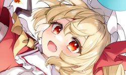 Rule 34 | 1girl, ascot, blonde hair, close-up, collared shirt, fang, flandre scarlet, hair ribbon, hat, medium hair, mob cap, open mouth, paragasu (parags112), puffy short sleeves, puffy sleeves, red eyes, red ribbon, red skirt, red vest, ribbon, shirt, short sleeves, skirt, solo, touhou, unfinished, vest, white hat, white shirt, yellow ascot