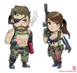 Rule 34 | 1boy, 1girl, abs, absolum art, assault rifle, asymmetrical clothes, beard, bikini, black footwear, black gloves, blue eyes, boots, breasts, brown hair, camouflage, camouflage pants, chibi, cigar, cleavage, eyepatch, facial hair, fingerless gloves, front-tie bikini top, front-tie top, gloves, green eyes, green gloves, gun, mechanical arms, metal gear (series), metal gear solid v: the phantom pain, muscular, pants, pantyhose, ponytail, pouch, quiet (metal gear), rifle, scar, scar across eye, scar on face, single mechanical arm, smoke, swimsuit, topless male, torn clothes, torn legwear, venom snake, weapon