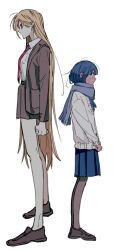 Rule 34 | 2girls, arm at side, back-to-back, blonde hair, blue hair, blue skirt, brown footwear, brown jacket, brown skirt, clenched hand, closed mouth, collared shirt, colored skin, expressionless, from side, full body, height difference, highres, jacket, long hair, long legs, long sleeves, looking ahead, messy hair, miniskirt, multiple girls, naotin3333, necktie, open clothes, open jacket, original, pink necktie, pink skin, pleated skirt, profile, purple scarf, red eyes, scarf, shirt, shoes, short hair, simple background, skinny, skirt, standing, sweater, unfinished, v arms, very long hair, white background, white shirt, white sweater