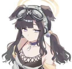 Rule 34 | 1girl, animal ears, bare shoulders, black hair, blue archive, blunt bangs, blush, breasts, closed mouth, collarbone, dog ears, dog girl, eyewear on head, goggles, goggles on head, hair ornament, halo, hamoshi, hibiki (blue archive), highres, jacket, long hair, looking at viewer, low twintails, medium breasts, off shoulder, open clothes, open jacket, purple eyes, shirt, simple background, solo, twintails, upper body, white background, yellow halo