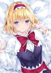 Rule 34 | 1girl, alice margatroid, blue dress, blue eyes, blue nails, bow, bowtie, capelet, cross-laced clothes, dress, hairband, highres, lolita hairband, long sleeves, looking at viewer, lying, nail polish, nanase nao, on back, on bed, parted lips, red bow, red bowtie, red hairband, touhou, upper body, white capelet