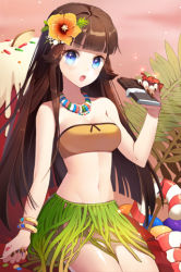 Rule 34 | 1girl, bangle, bare arms, bare shoulders, blue eyes, blunt bangs, bracelet, brown hair, candy, candy cane, chocolate, chocolate bar, collarbone, cygnus (sword girls), eating, flower, food, gilse, grass skirt, hair flower, hair ornament, holding, icing, jelly bean, jewelry, long hair, lowres, midriff, nail polish, necklace, open mouth, sitting, solo, strapless, sword girls, tube top