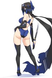 Rule 34 | 1girl, absurdres, ass, bad id, bad twitter id, bare shoulders, black hair, black scarf, black thighhighs, blue one-piece swimsuit, breasts, bridal gauntlets, commentary request, competition swimsuit, from behind, full body, halcon, high heels, highres, holding, holding weapon, large breasts, looking at viewer, mask, mouth mask, ninja, ninja mask, one-piece swimsuit, original, purple eyes, scarf, short hair, sidelocks, simple background, solo, standing, swimsuit, thighhighs, weapon, white background