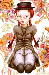 Rule 34 | 1girl, anne of green gables, anne shirley, arms behind back, bdsm, bloomers, bondage, bound, braid, breasts, copyright name, crotch rope, female focus, flower, freckles, hat, kneeling, long hair, looking at viewer, mania street, nippon animation, open mouth, red hair, shibari, small breasts, solo, sweatdrop, twin braids, underwear, world masterpiece theater