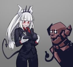 Rule 34 | 1girl, 1other, black neckwear, blunt bangs, blush, breasts, demon tail, formal, gloves, grabbing own breast, grey background, helltaker, highres, horns, long hair, lucifer (helltaker), meme, mole, mole under eye, open mouth, parted lips, pogchamp (meme), red eyes, simple background, simplecar, smile, sparkle, spikes, standing, suit, tail, thumbs up, tiara, white gloves, white hair