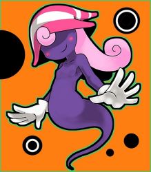 Rule 34 | 1girl, blush, blush stickers, curly hair, floating, ghost, ghost tail, gloves, hair over eyes, hat, long hair, mario (series), nintendo, paper mario, phyrexia c, pink hair, simple background, smile, striped, super mario bros. 1, super mario rpg, tongue, vivian (paper mario), white background, white gloves, witch hat