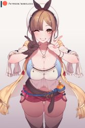Rule 34 | 1girl, atelier (series), atelier ryza, atelier ryza 1, bare shoulders, belt, blue belt, blush, boots, breasts, brown belt, brown gloves, brown hair, cleavage, collarbone, double v, drawstring, flask, gloves, gradient background, grin, jacket, jewelry, large breasts, leather, leather belt, leather gloves, looking at viewer, nanoless, navel, necklace, one eye closed, red shorts, reisalin stout, round-bottom flask, short hair, short shorts, shorts, single glove, sleeveless, sleeveless jacket, smile, solo, star (symbol), star necklace, test tube, thick thighs, thigh boots, thighhighs, thighs, v, vial, white headwear, yellow jacket