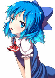 Rule 34 | 1girl, :p, blue eyes, blue hair, blush, bow, cirno, dress, hair bow, looking at viewer, matching hair/eyes, nakamura kusata, short hair, simple background, solo, tongue, tongue out, touhou, upper body, white background
