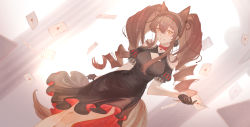 Rule 34 | 1girl, absurdres, angelina (arknights), animal ears, arknights, backlighting, black dress, black gloves, black ribbon, blurry, blurry background, brown hair, choker, chongyou pomelo, cleavage cutout, clothing cutout, commentary request, dress, drill hair, dutch angle, evening gown, feet out of frame, fox ears, fox girl, fox tail, gloves, hair ribbon, hairband, hand up, heart, highres, lace trim, letter, light particles, long hair, looking at viewer, open mouth, orange eyes, puffy short sleeves, puffy sleeves, red choker, red dress, ribbon, short sleeves, shoulder cutout, smile, solo, striped clothes, striped hairband, tail, twintails