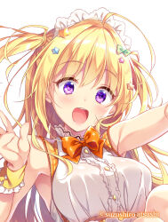 Rule 34 | 1girl, :d, ahoge, artist name, blonde hair, blush, bow, breasts, center frills, citrus (suzushiro atsushi), close-up, commentary request, eyelashes, eyes visible through hair, floating hair, frilled shirt, frills, green bow, hair between eyes, hair bow, hair ornament, hand up, happy, highres, large breasts, long hair, looking at viewer, maid, open hand, open mouth, orange bow, orange wrist cuffs, original, purple eyes, shirt, sidelocks, simple background, smile, solo, star (symbol), star hair ornament, suspenders, suzushiro atsushi, teeth, two side up, upper teeth only, very long hair, white shirt, wrist cuffs