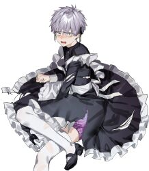 Rule 34 | 1boy, absurdres, apron, arm support, black footwear, blush, boxers, chamuring, crossdressing, dress, embarrassed, frilled dress, frills, from above, hair ribbon, highres, kemono jihen, leaning to the side, looking at viewer, maid, maid apron, male focus, male maid, male underwear, on floor, open mouth, purple male underwear, ribbon, short hair, simple background, slit pupils, solo, tademaru shiki, tearing up, teeth, thighhighs, torn clothes, underwear, upper body, white hair, white thighhighs