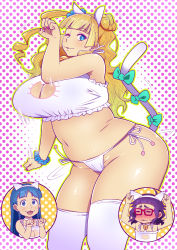 Rule 34 | 3girls, animal ears, bare arms, bare shoulders, black legwear, blonde hair, blue eyes, blue hair, blush, bouncing breasts, breasts, cat ears, cat tail, cleavage, cleavage cutout, clothing cutout, earrings, eyebrows, closed eyes, fake animal ears, fake tail, flat chest, full-face blush, galko, glasses, groin, hair ornament, hair scrunchie, highres, huge breasts, jewelry, legs, long hair, looking at viewer, makeup, matching hair/eyes, medium breasts, motion lines, multiple girls, nail polish, navel, ojou (galko), one eye closed, oshiete! galko-chan, otako (galko), pink nails, plump, purple hair, red-framed eyewear, scrunchie, short hair, side bun, side ponytail, simple background, smile, standing, tail, tetrodotoxin, thighhighs, thighs, wink