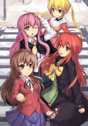 Rule 34 | 463 jun, 4girls, absurdres, aisaka taiga, alastor (shakugan no shana), black legwear, blonde hair, blush, bow, breasts, brown eyes, brown hair, cape, coat, company connection, crossover, crosswalk, female focus, graduation, green eyes, grey eyes, hayate no gotoku!, highres, jacket, jewelry, kugimiya rie, long hair, long sleeves, louise francoise le blanc de la valliere, multiple girls, neckerchief, necklace, open clothes, open mouth, pendant, pink eyes, pink hair, pleated skirt, red eyes, red hair, road, rocket launcher, rpg (weapon), sanzen&#039;in nagi, school uniform, serafuku, shakugan no shana, shana, shirt, skirt, smile, snow, snowing, stairs, thighhighs, toradora!, trait connection, tube, twintails, voice actor connection, wand, weapon, wings, zero no tsukaima, zettai ryouiki